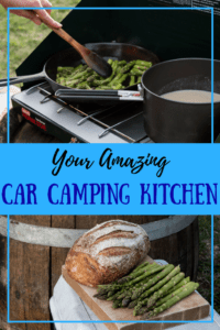 car camping kitchen Close-up shots of a car camping kitchen with the caption: Your Amazing Car Camping Kitchen