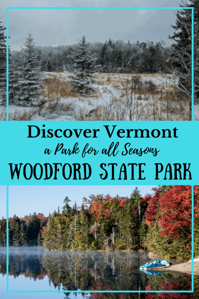 Woodford State Park VT Two scenes of Woodford State Park - one a snowy forest, the other a clear lake with trees of many colors