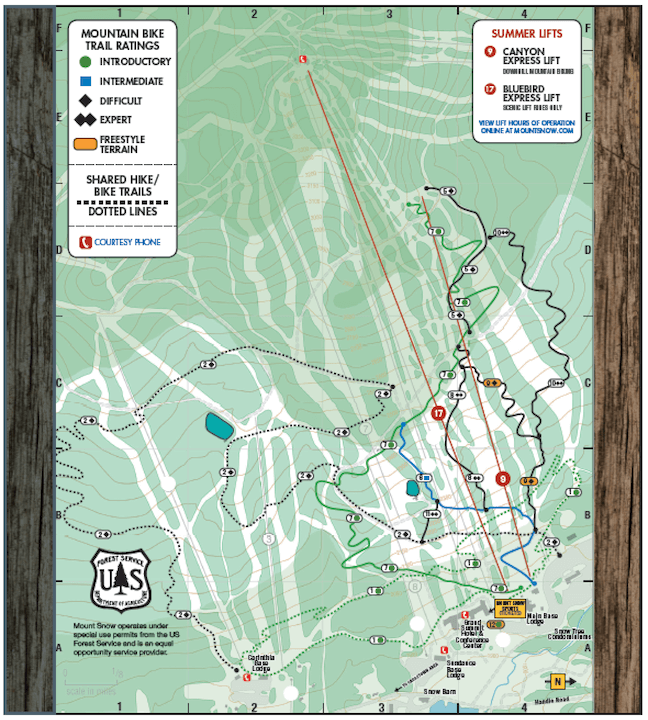 The Mount Snow mountain biking trail map.