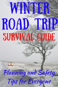 A car driving through the snow. Caption reads: Winter Road Trip Survival Guide