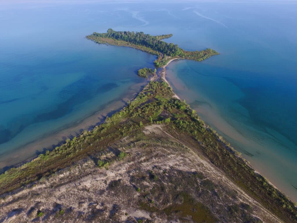 A spit of land juts out into Lake Michigan at Fisherman's Island State Park.