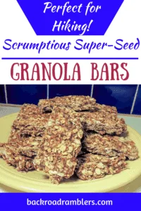 a plate of granola bars. Caption reads: Scrumptious super seed granola bars. 