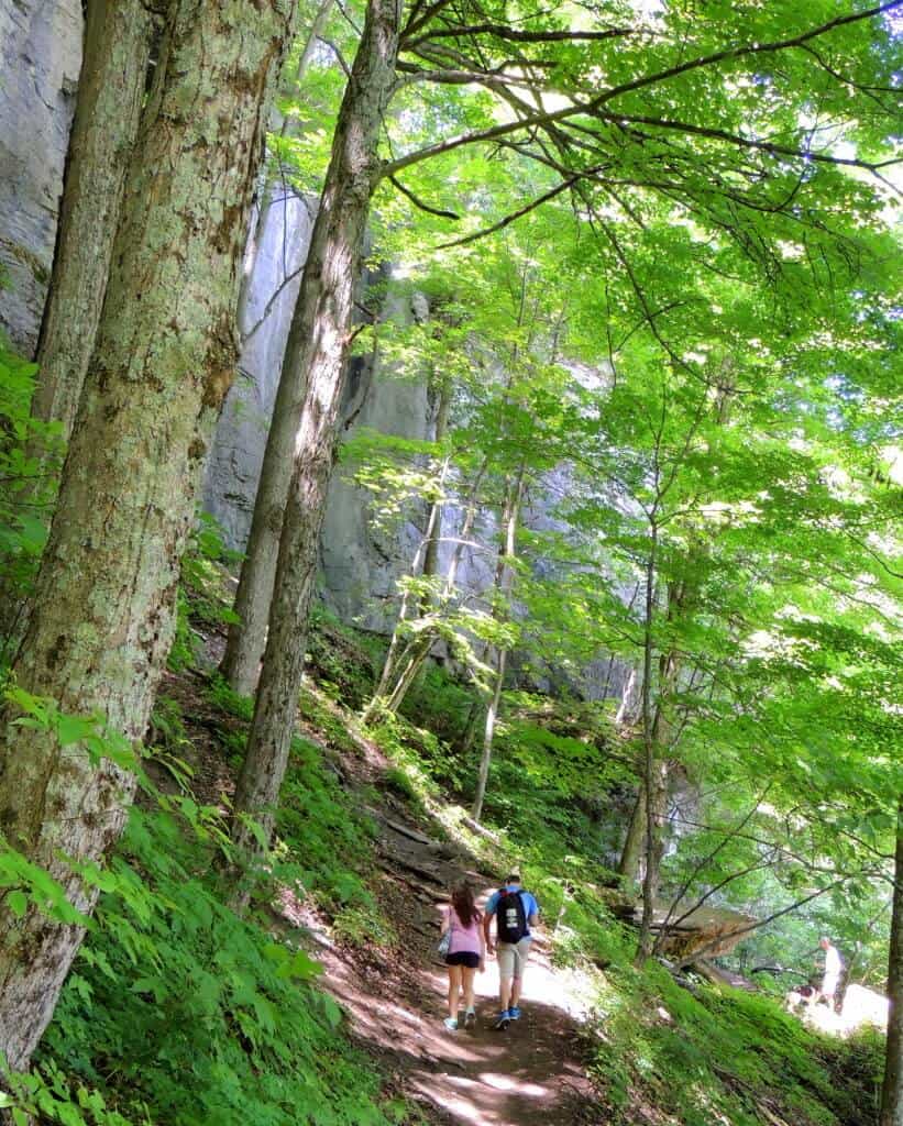 A couple hikes through the woods in a New York State Park