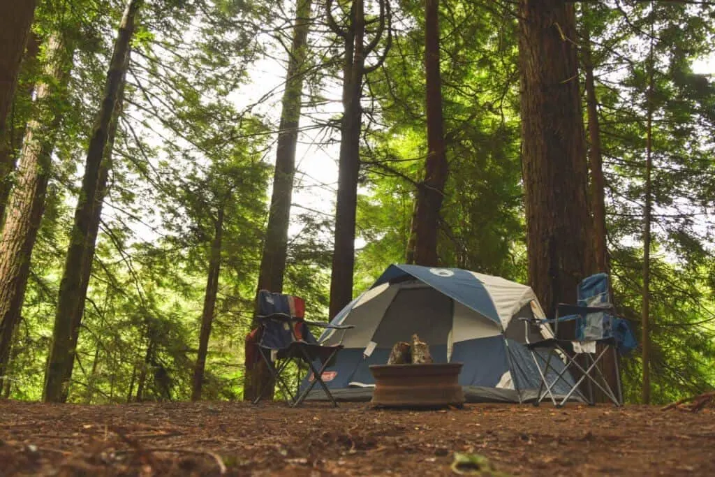 A tent set up in Jedediah Smith Redwoods State Park in California.
