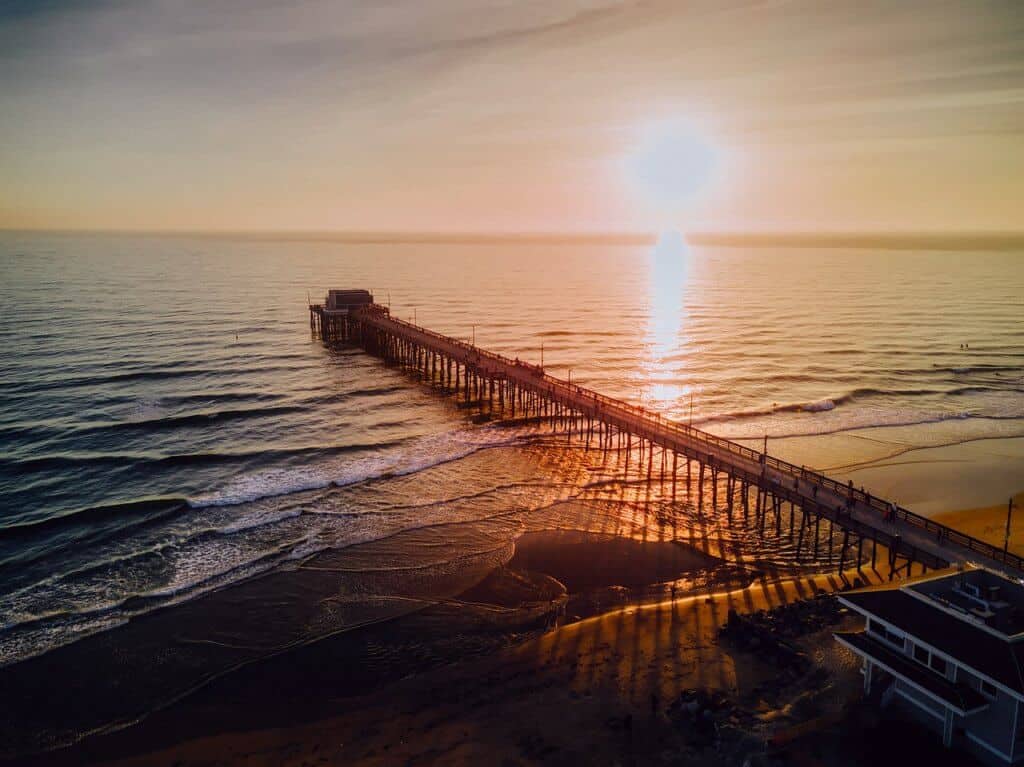 An aerial view of the pier a Newport Beach in California.