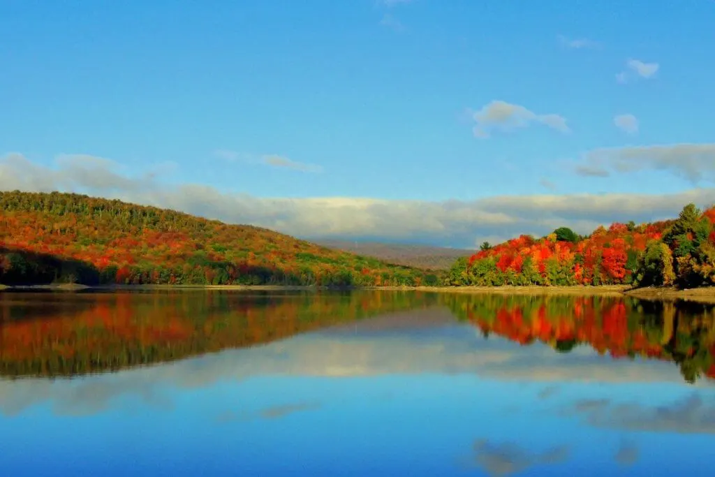 Lake Whitingham during fall foliage season in Wilmington Vermont