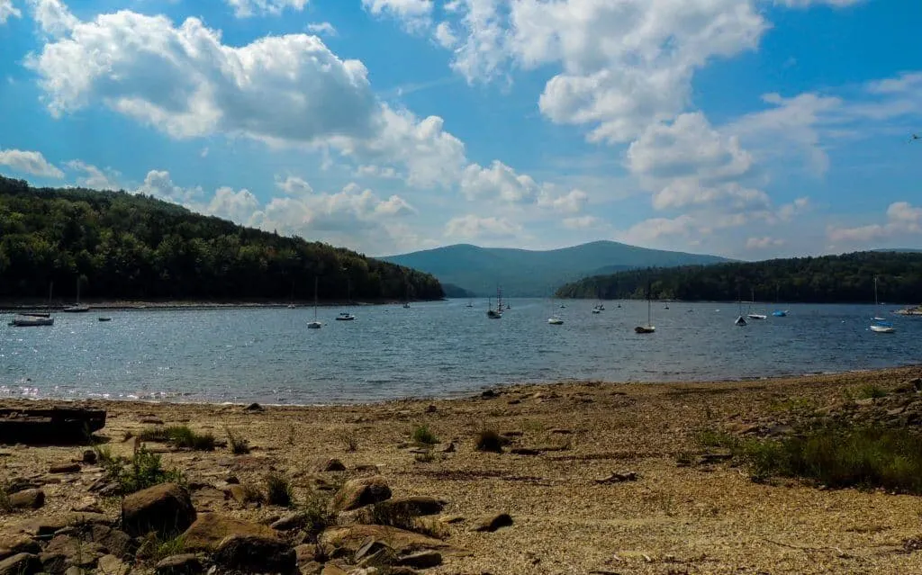 Lake Whitingham in Wilmington, Vermont on a sunny summer day.