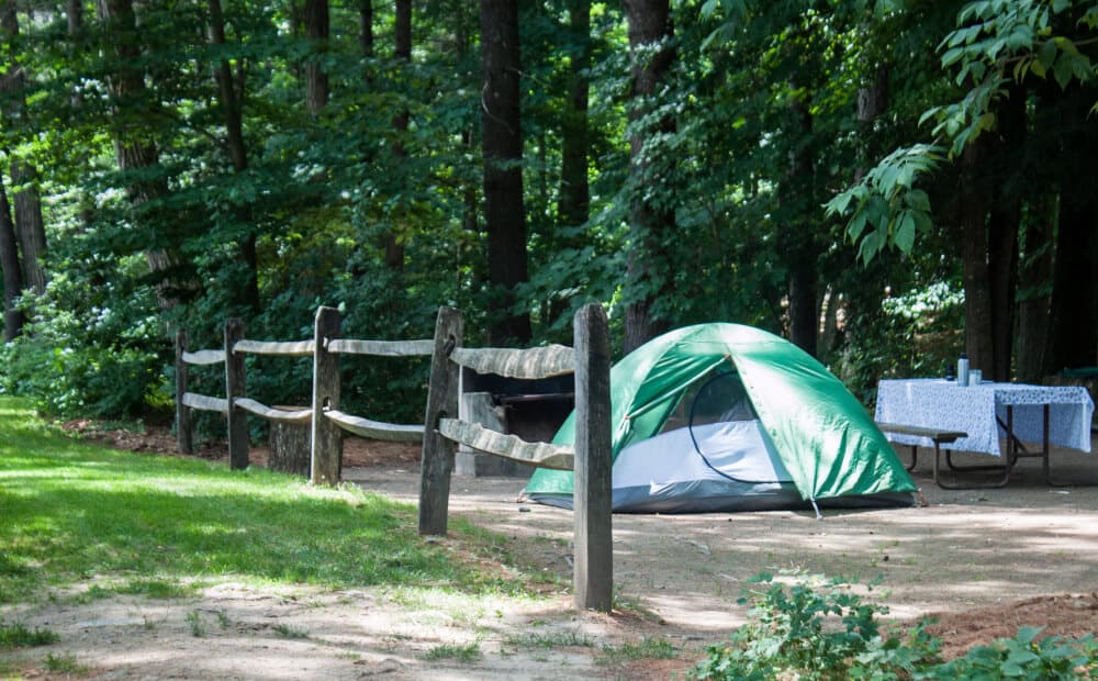 Paddling the Connecticut River with Great River Outfitters. A green tent next to a picnic table at Wilgus State Park in Vermont