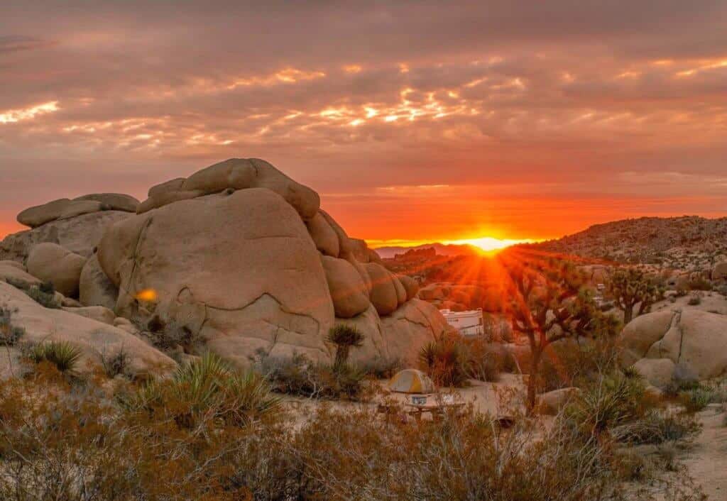 Sunrise over Jumbo Rocks Campground in Joshua Tree National Park, CA.