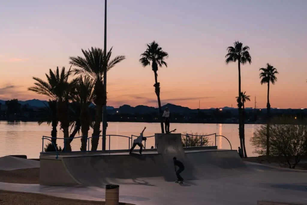 The skate park during sunset in Lake Havasu City, AZ