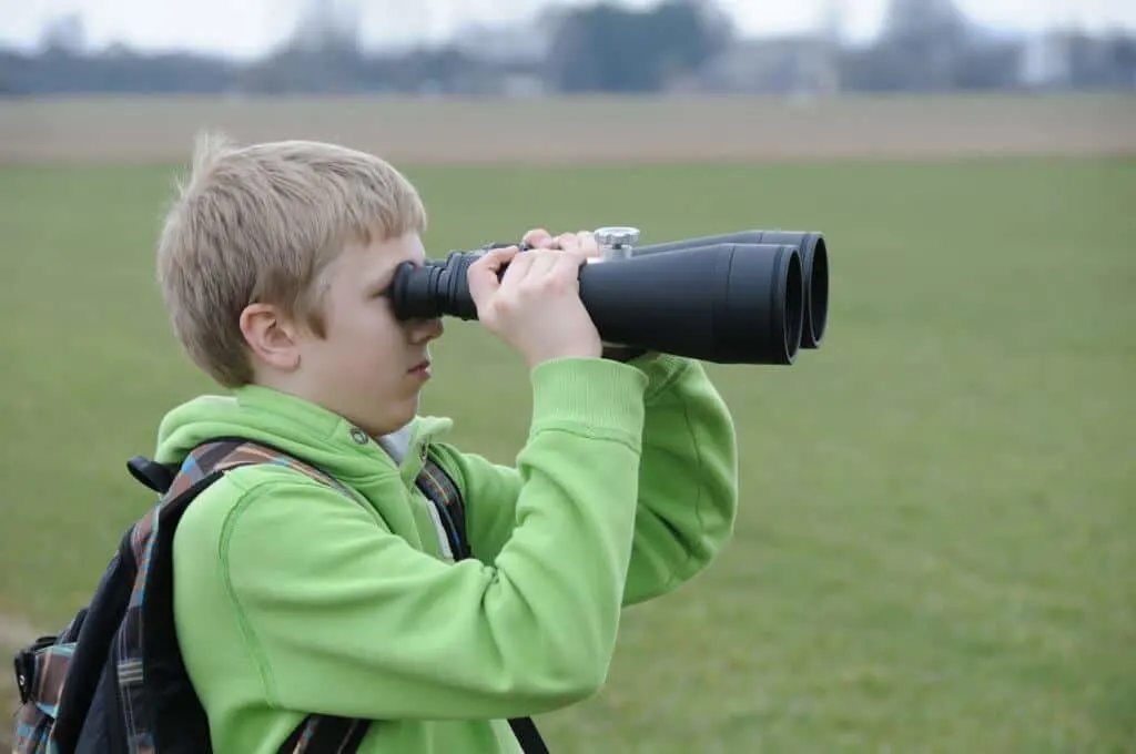 A boy looks through a pair of binoculars at birds in the distance.