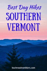 Sunset over the mountains of Vermont. Caption reads: Best Hiking in Southern Vermont