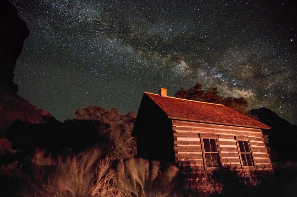 The Fruita Schoolhouse in Capitol Reef National Park at night