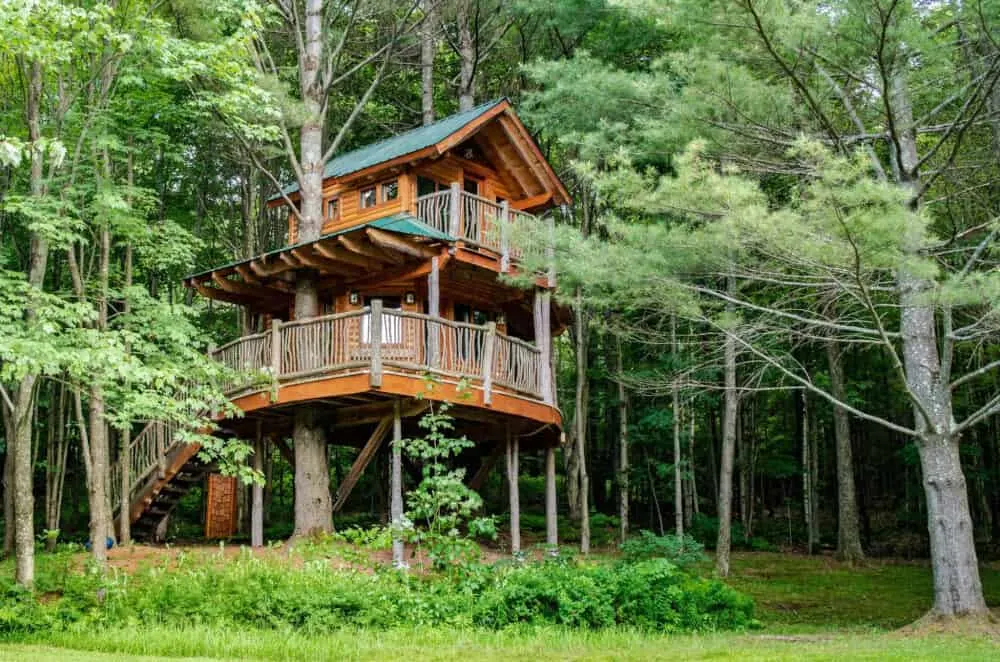 A Vermont treehouse nestled in the woods.