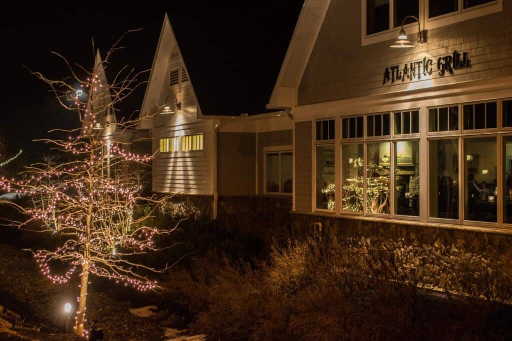 The outside of the Atlantic Grill in Rye, New Hampshire at night. This is one of the best restaurants in Portsmouth NH.