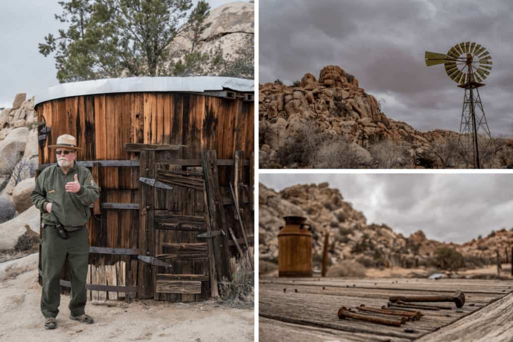 a collage of photos from the Keys Ranch (also known as Desert Queen Ranch) in Joshua Tree National Park
