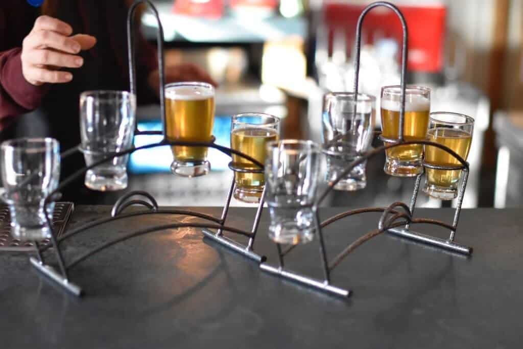 A flight of local beers at Throwback Brewery near Portsmouth NH