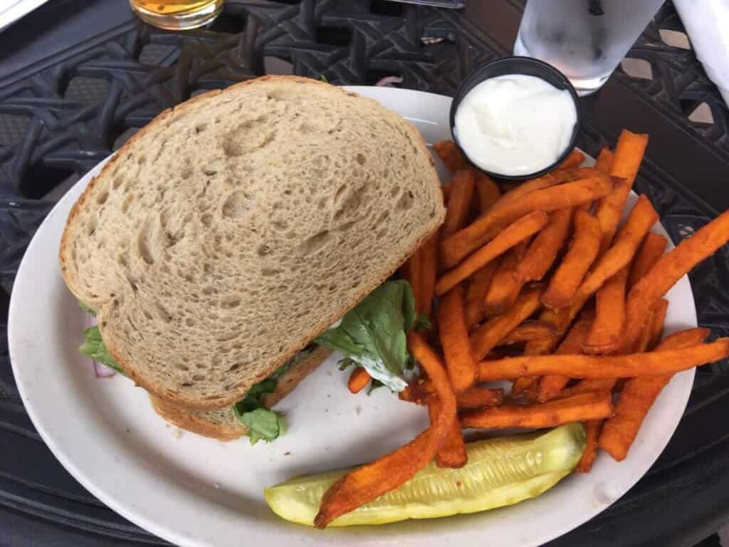 A sandwich and sweet potato fries at Six Pence Pub