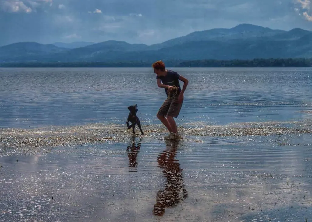 A boy plays with a young puppy in a lake surrounded by mountains