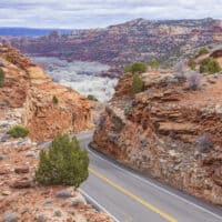 A winding road through the red rocks on Highway 12 in Utah.