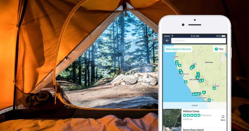 An open tent with an overlay of an iphone with The Dyrt Camping app open.
