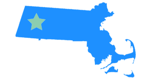 A blue silhouette of Massachusetts with a star marking the Berkshires.