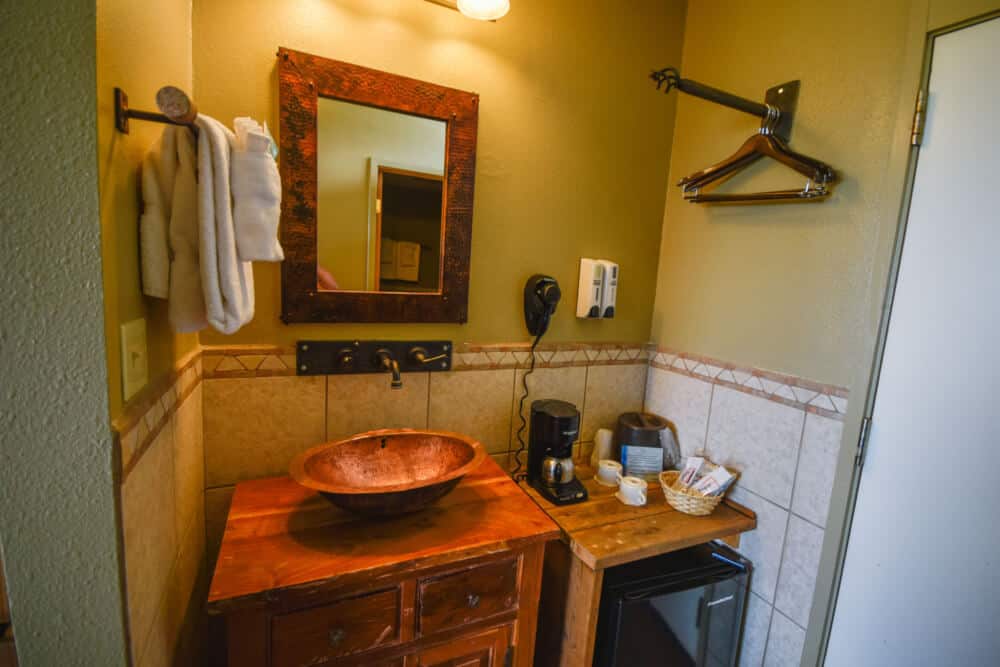 The sink and coffee maker area at Far View Lodge in Mesa Verde National Park