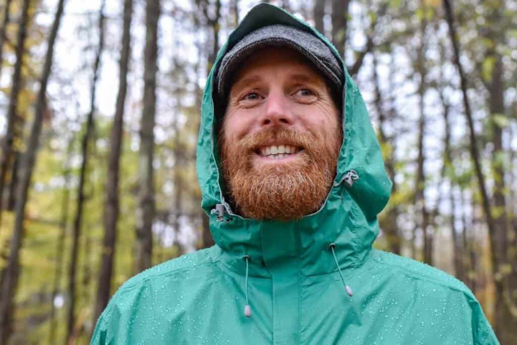 A close-up of the hood on the My Trail Storm UL Jacket for men