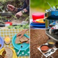 A collage of photos featuring outdoor camping kitchens.