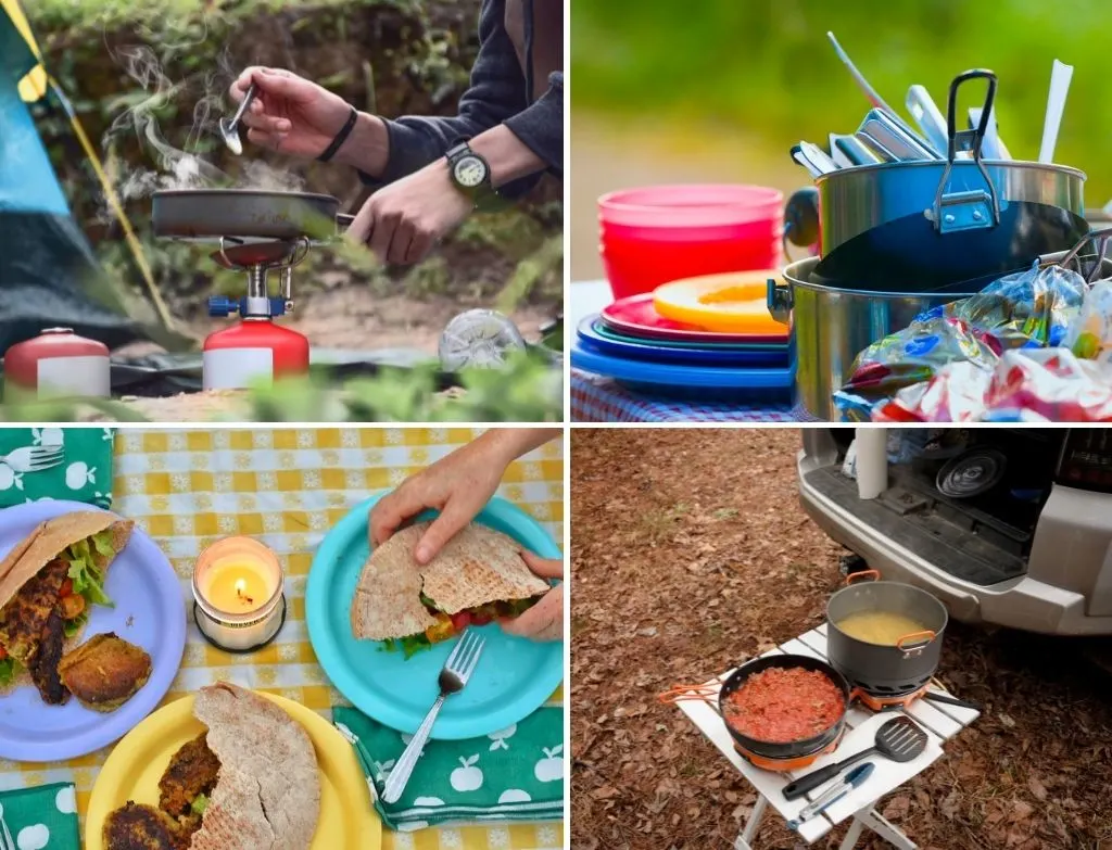 A collage of photos featuring outdoor camping kitchens.