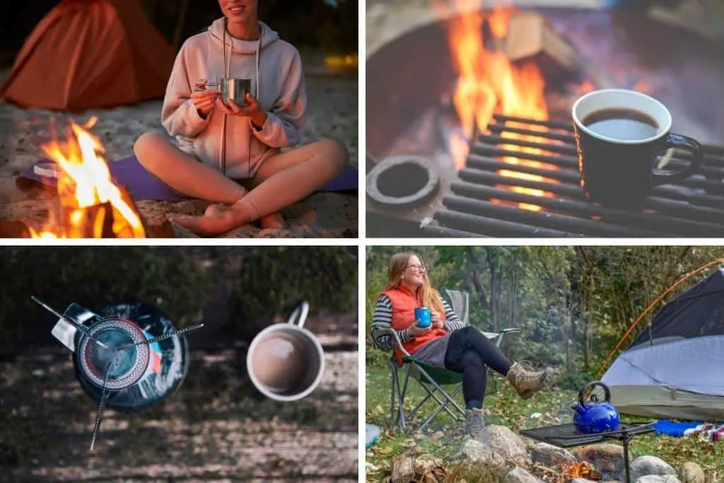A collage of photos featuring coffee and campfires