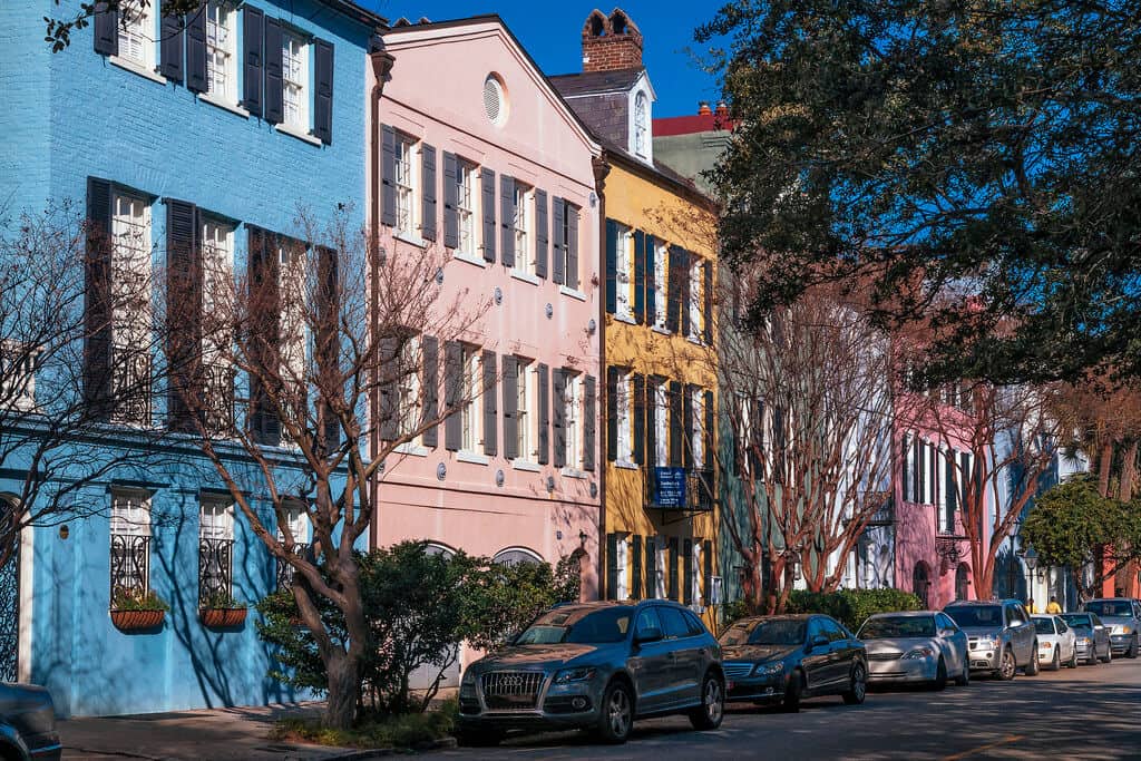 Colorful houses in Charleston, SC on a winter road trip in the United States