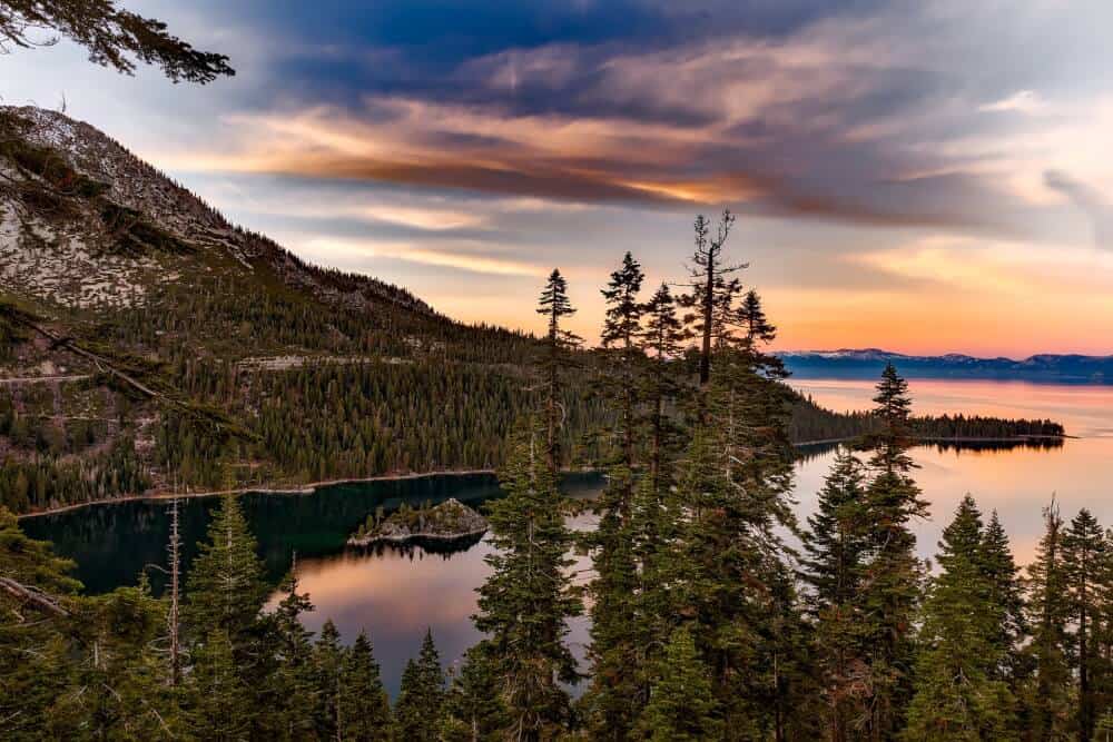 A sunset view of Emerald Bay, Lake Tahoe