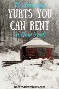 a red yurt in a snowy field. Caption reads: 10 Amazing yurts you can rent in New York