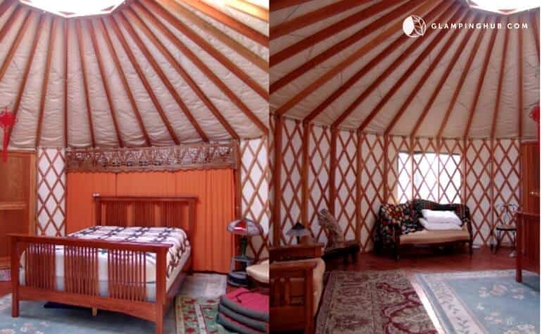 The interior of a yurt rental in Kaaterskill Forest, NY