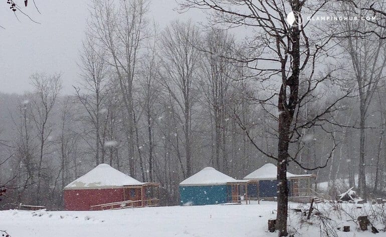 Several yurts in the snow in upstate New York