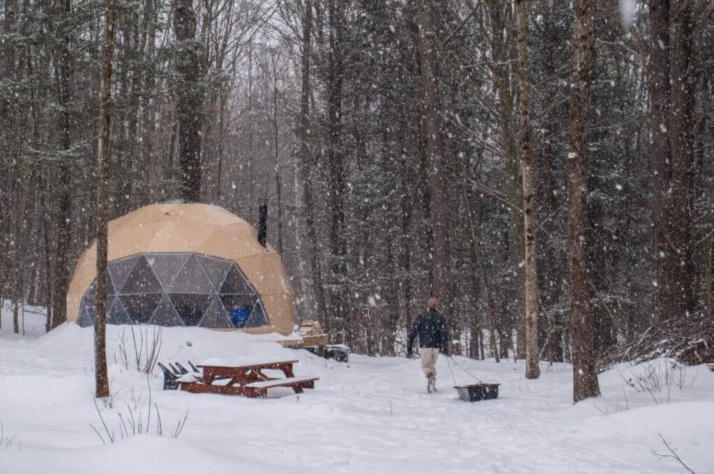 A view of a geodesic dome nestled in the woods of Vermont on a snowy day.