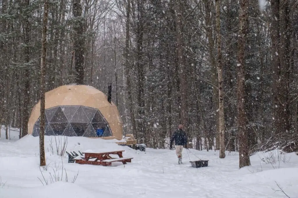 A view of a geodesic dome nestled in the woods of Vermont on a snowy day.