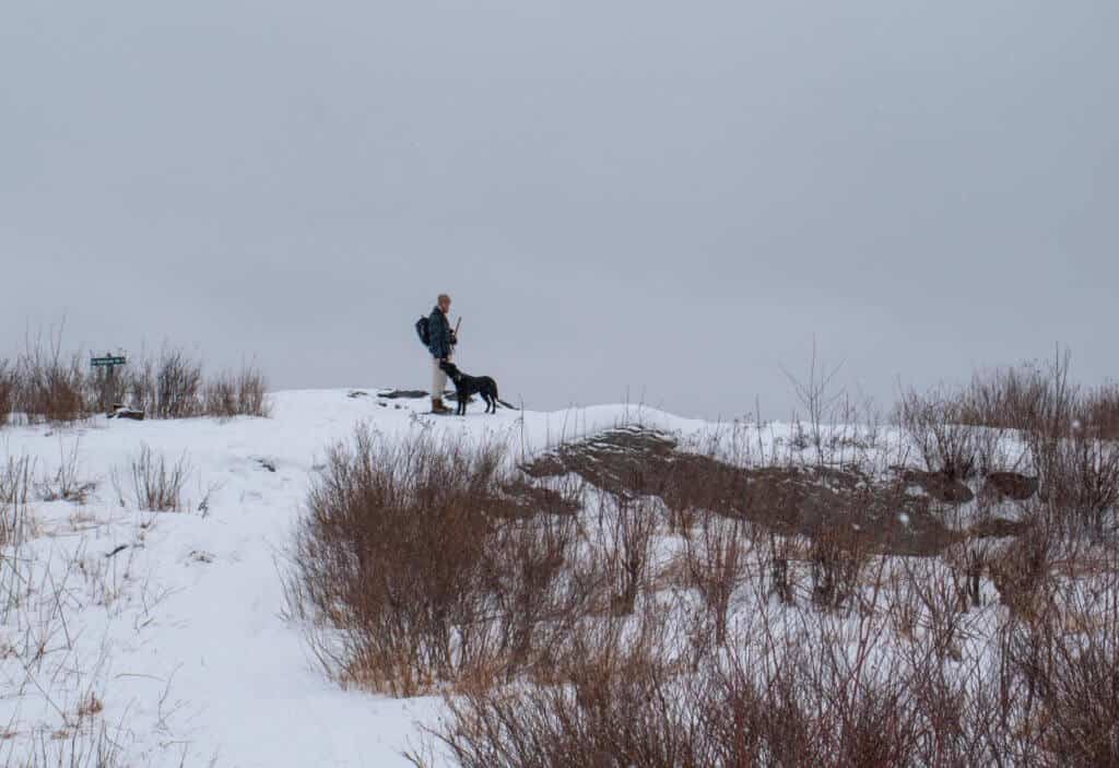 A man and a dog stand on Putney Mountain, covered with snow.