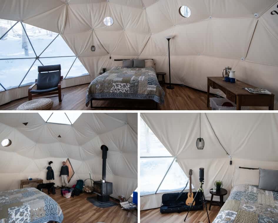 A college of interior shots of a geodesic dome rental in Putney, Vermont