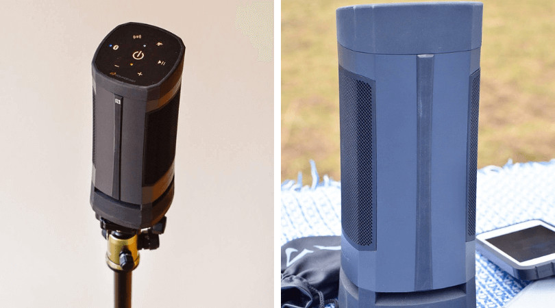 Two photos, of the back and front of the Soundcast VG3 portable outdoor speaker.