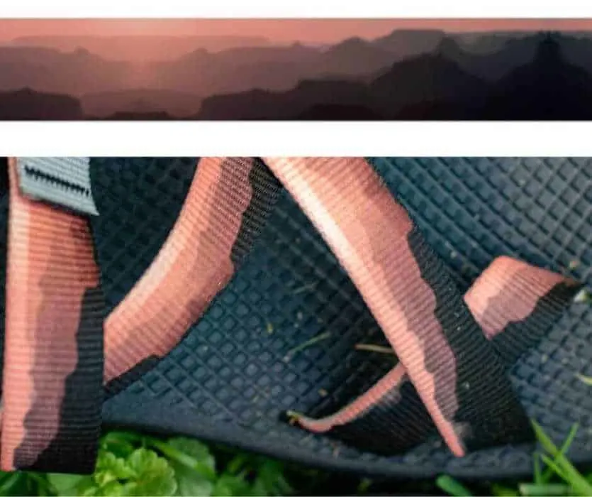 A close-up of the customized Chaco straps featuring a Grand Canyon sunset.