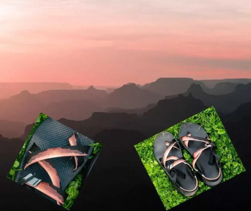 A sunset view of the Grand Canyon, with two inset photos of customized Chaco sandals made with the same image.