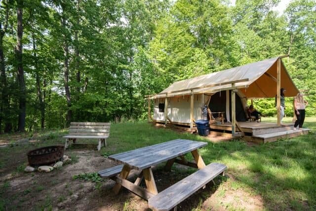 A canvas tent available for nightly rentals at Explore Park.