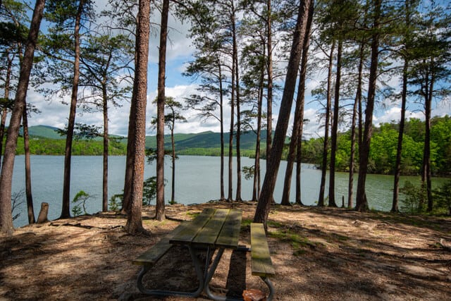 A picnic area on the shores of Carvins Cove in Roanoke, VA.