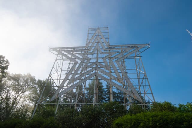 A hazy view of the Roanoke Star on Mill Mountain.