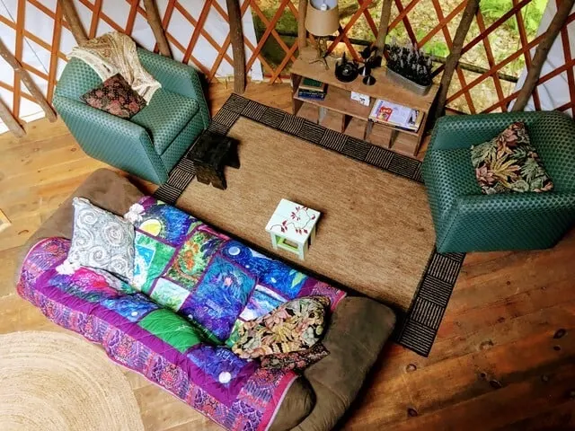 the view of the living room from our yurt