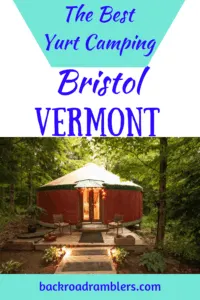 A night shot of a yurt rental in Vermont. Caption reads: The best yurt camping in Bristol, Vermont
