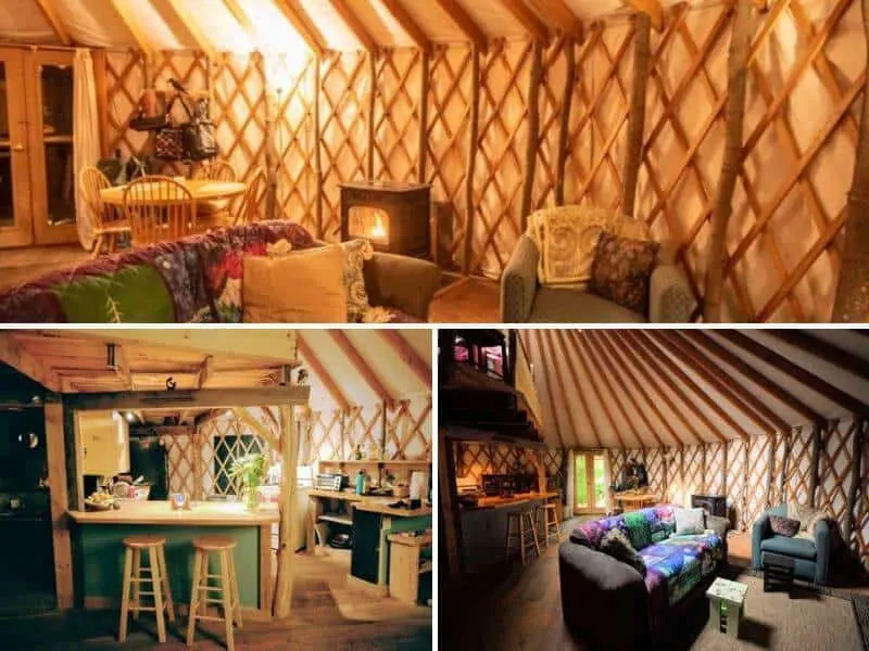 a collage of interior photos of our yurt rental in Vermont.