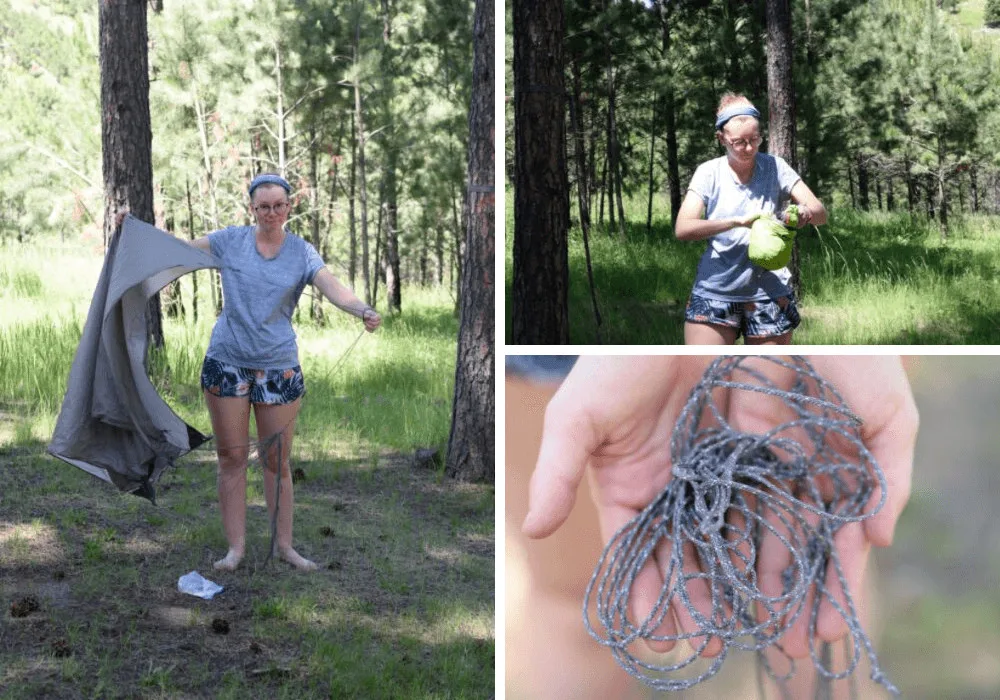 a collage of photos showing the breakdown of the Kammok Mantis camping hammock.